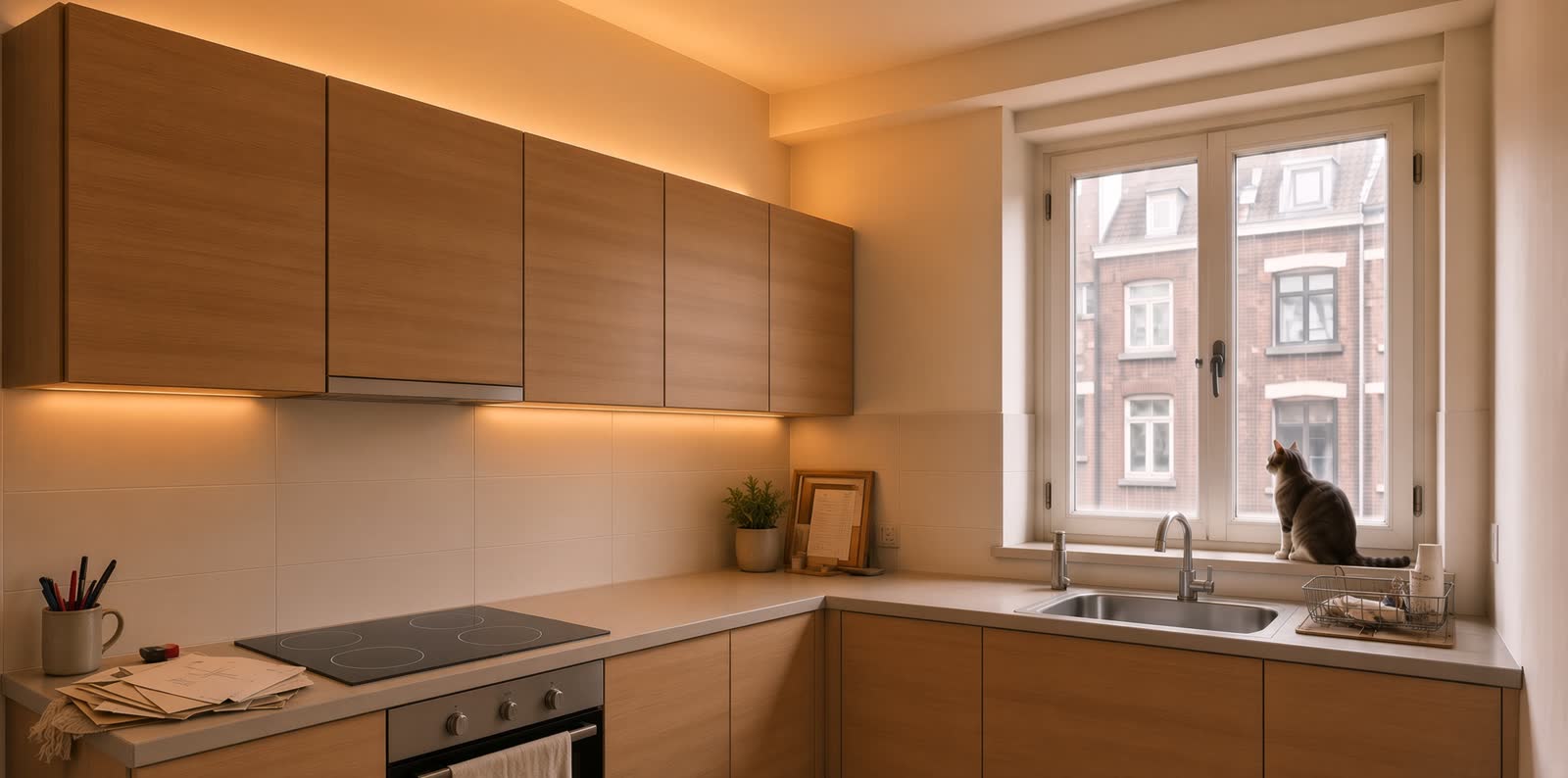 Sobere, warme keuken met een kat die naar buiten kijkt